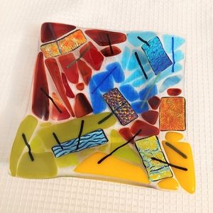 Abstract Fused Glass Dichroic Dish Art Trinket Vanity Bath Decor 6 " square